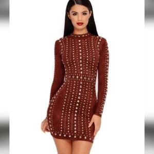 OH POLLY Faux Suede Bodycon Mini Dress With Silver Studs.Brown/Silver.Size 8 NWT